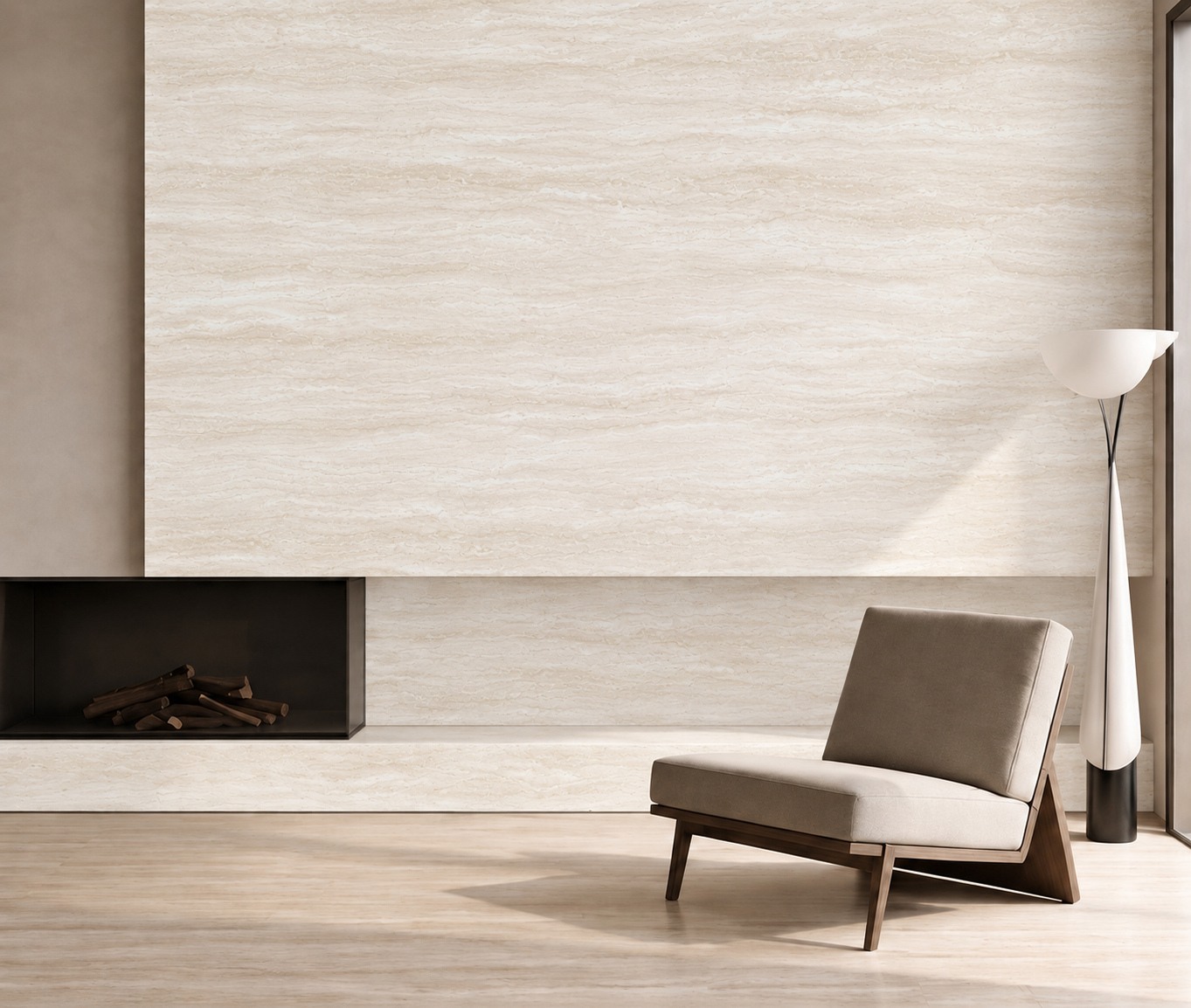 TRAVERTINO: revestimiento en sala con chimenea. Inspiración del catálogo.