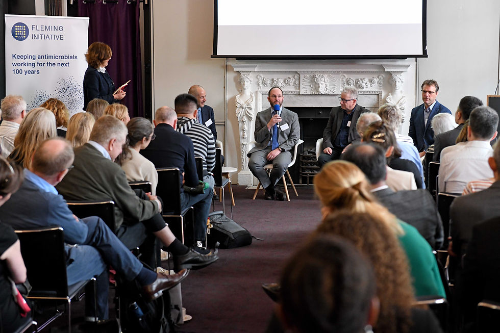 The Fleming Initiative Science Summit on Fungal Disease and Antifungal Resistance. Left to right on the stage: Vivienne Parry (MC), Professor Darius Armstrong-James (panelist), Dr Jonathan Golob (GSK, panelist), Professor Neil Gow FRS (University of Exeter, panelist) and Professor Matthew Fisher (Imperial College London, panelist)