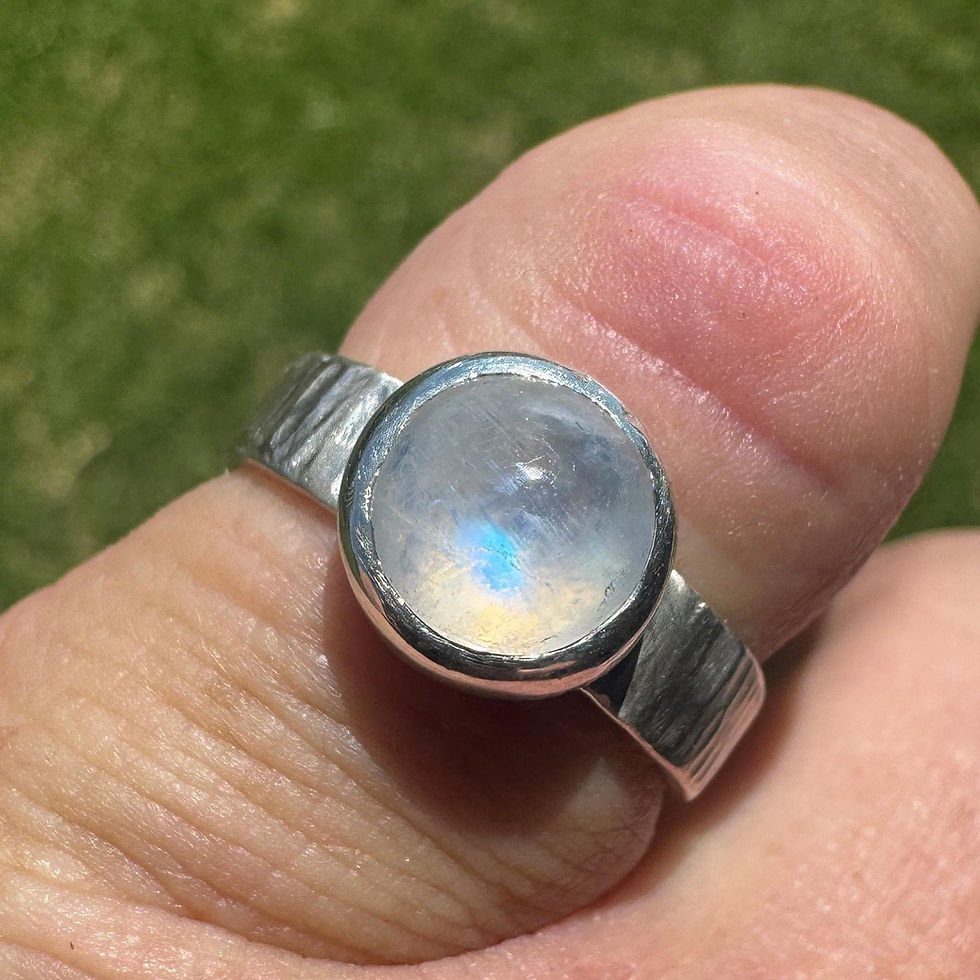 Thumbnail: Handmade Sterling Silver Hammered Band Ring, 8mm Round Moonstone, Artisan