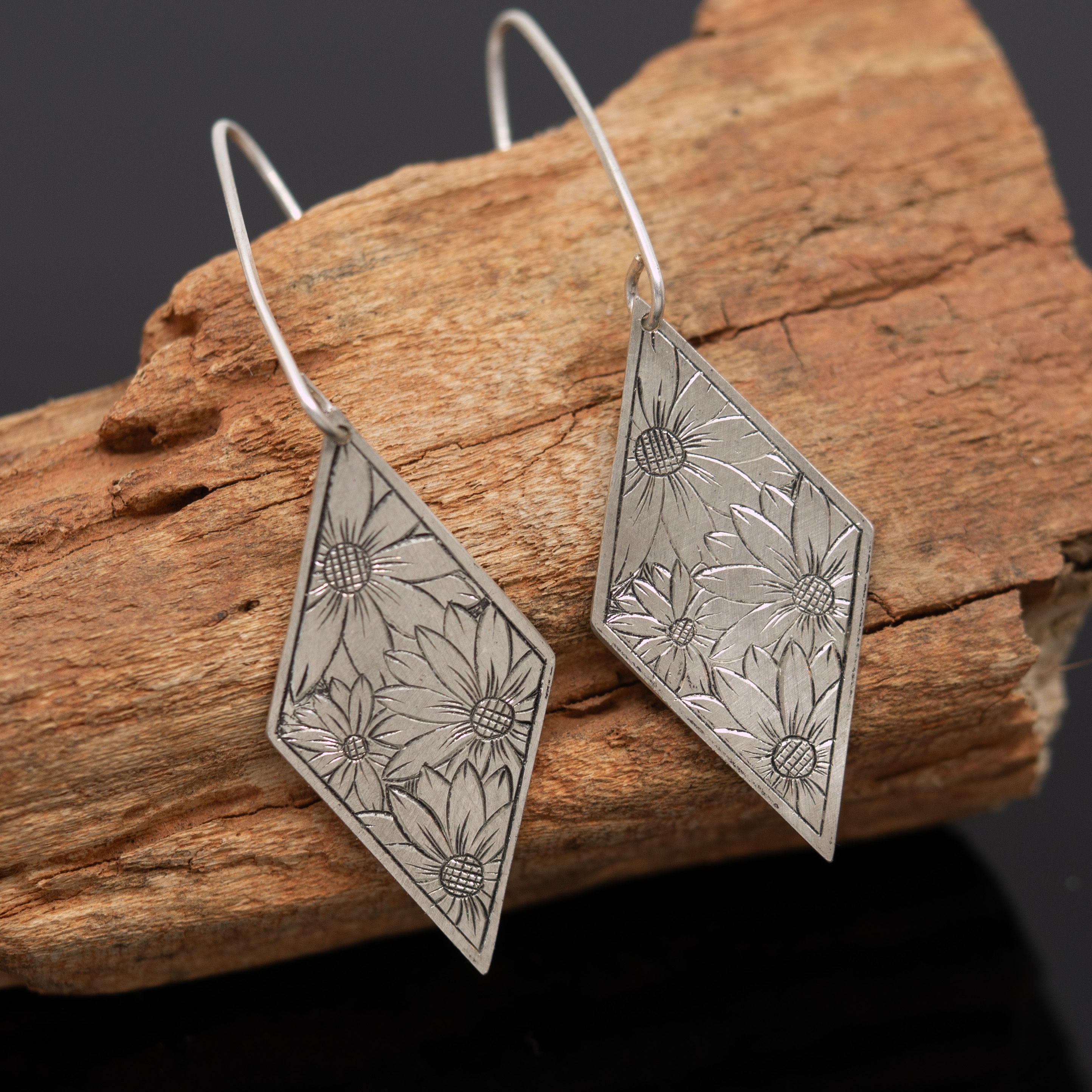 Hand Engraved Sterling Sunflower Earrings