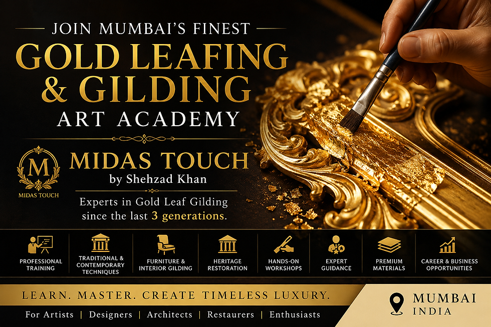 Join Mumbai's Finest Gold Leafing & Gilding Art Academy by MIDAS TOUCH by Shehzad Khan with hands-on gold leaf craftsmanship training.