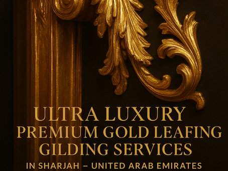Ornate gold leaf gilding detail on a luxury architectural element with text promoting MIDAS TOUCH by Shehzad Khan – experts in ultra-luxury premium gold gilding services in Sharjah, United Arab Emirates.