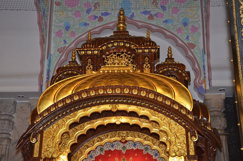 24K gold leafing gilding work on ISKCON Temple altar in Mumbai, expertly completed by MIDAS TOUCH by Shehzad Khan, specialists in mandir and temple gold leafing services.