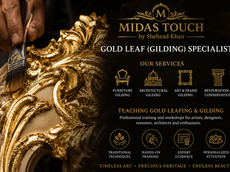 MIDAS TOUCH by Shehzad Khan – Gold Leaf (Gilding) specialists offering premium gold leaf application, restoration, luxury finishes, and professional gold leafing & gilding training in India.