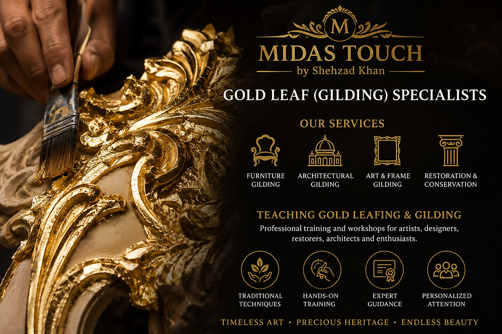 MIDAS TOUCH by Shehzad Khan – Gold Leaf (Gilding) specialists offering premium gold leaf application, restoration, luxury finishes, and professional gold leafing & gilding training in India.