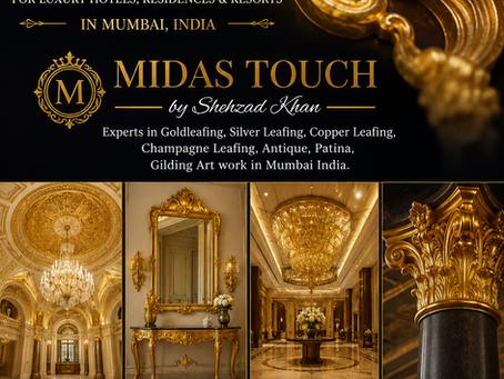 Elegant 24K real gold leafing and luxury gilding artwork by MIDAS TOUCH by Shehzad Khan, featuring handcrafted gold, silver, copper, and champagne leaf finishes for luxury hotels, residences, villas, palaces, and resorts in Mumbai, India.