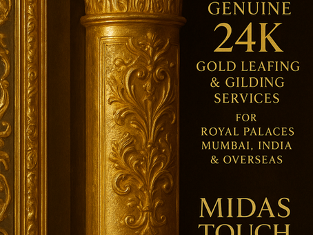 Intricately gilded gold Corinthian column with ornate baroque details, alongside text promoting MIDAS TOUCH by Shehzad Khan, offering pure genuine 24K gold leafing and gilding services for royal palaces in Mumbai, India, and worldwide.