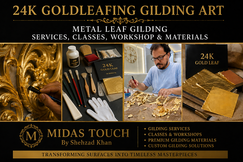 24K Goldleafing Gilding Art by MIDAS TOUCH by Shehzad Khan showcasing metal leaf gilding services, professional gilding tools, gold leaf materials, hands-on workshops, training classes, and authentic gold leaf craftsmanship.