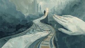 A dramatic illustration showing a solitary figure walking away from the viewer on a winding path that resembles a railroad track, heading toward a distant, glowing city skyline. The path is cradled between two immense, disembodied hands reaching in from the foreground and background, symbolizing a difficult but supported journey. The overall mood is ethereal and slightly melancholic, rendered in muted tones of gray, blue, and pale green.