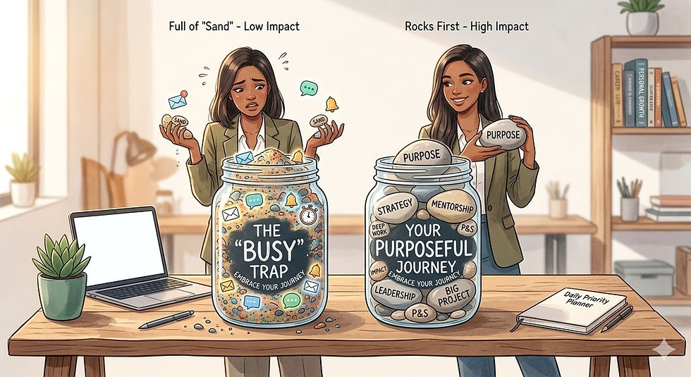 Two women stand by jars labeled "Busy Trap" and "Purposeful Journey." One jar is full of sand, the other with rocks. Emotions: confusion, clarity.