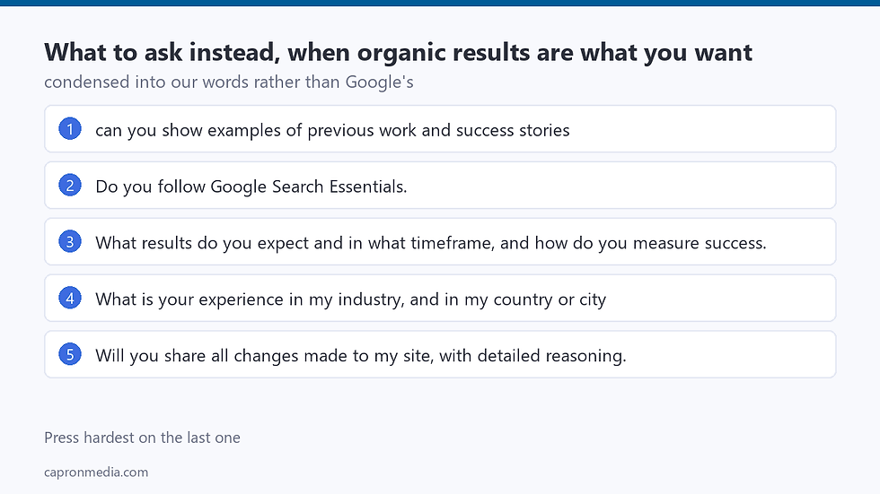 Five numbered questions from Google's hiring guidance, condensed, with the note to press hardest on the last.