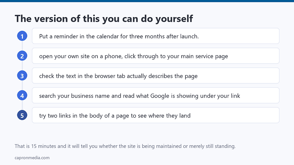 A five-step, 15-minute check to run on your own site three months after launch.