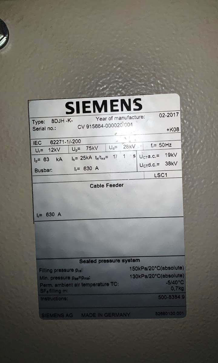 Thumbnail: Siemens  8DJH Switch gear Cable Feeder