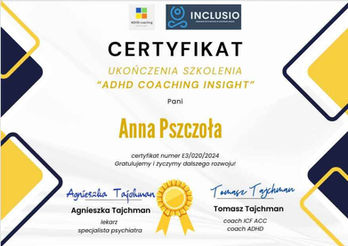 Certyfikat ADHD coaching Insight Tomasz Tajchman Anna Pszczoła