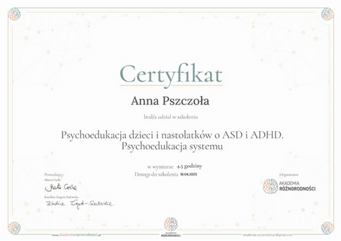 certyfikat-Psychoedukacja dzieci i nastolatków o ASD i ADHD. Psychoedukacja systemu coach adhd akademia neuroróżnorodności