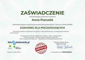 Certyfikat ukończenia kursu Coaching dla początkujących
