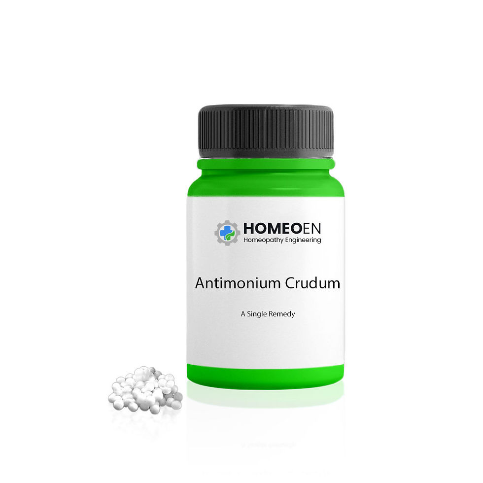 Buy homeopathic remedy Antimonium Crudum by HomeoEN Homeopathy Engineering.