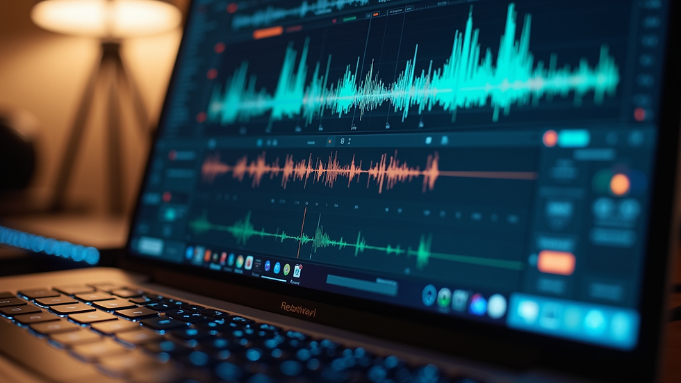 Eye-level view of a laptop screen displaying a digital audio workstation with sound waveforms