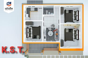 บ้านสไตล์โมเดิร์น ชั้นเดียว มีระเบียงนั่งเล่นหน้าบ้าน