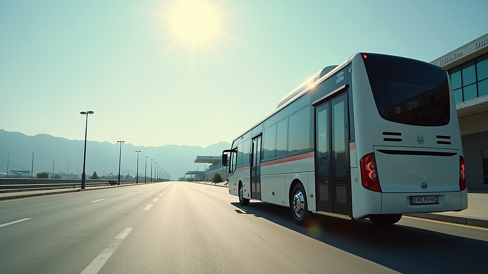 Wide angle view of shuttle bus waiting outside Dalaman Airport