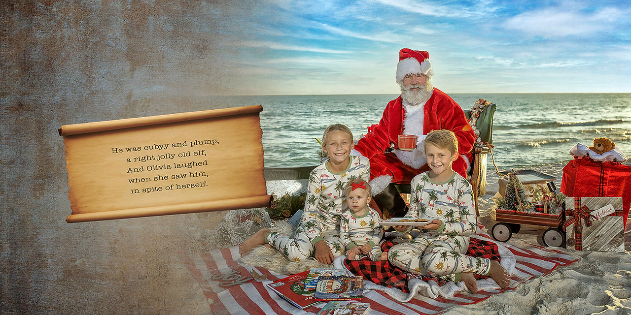 A picture-perfect scene where holiday spirit meets sunny shores, kids create heartwarming holiday memories with Santa during our 30A Magic of Santa mini sessions.