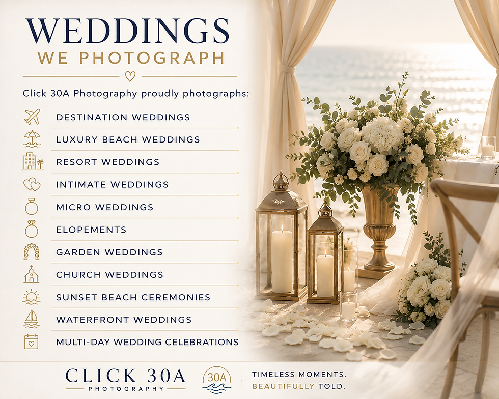 We proudly provide cinematic wedding photography and video services throughout:
Santa Rosa Beach
30A
Seaside
WaterColor
Grayton Beach
Blue Mountain Beach
Dune Allen Beach
Seagrove Beach
Rosemary Beach
Alys Beach
Inlet Beach
Destin
Miramar Beach
Sandestin
Panama City Beach