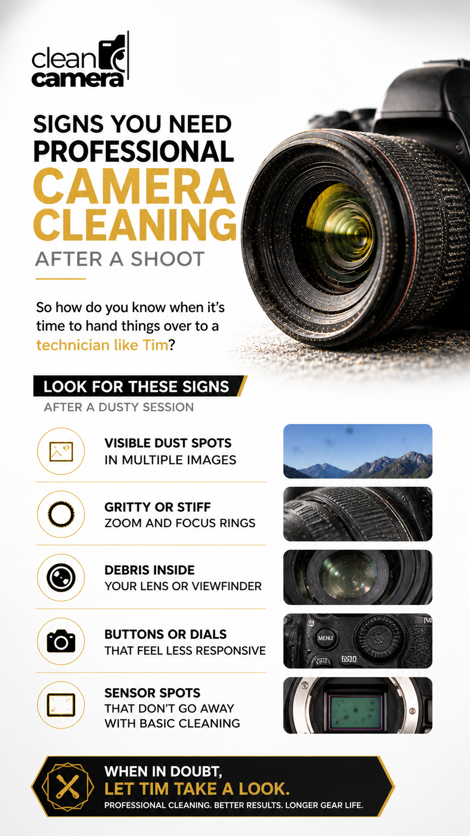 Vertical graphic showing signs you need professional camera cleaning after a dusty shoot, including dust spots on images, stiff zoom rings, debris in lens, unresponsive buttons, and persistent sensor spots.