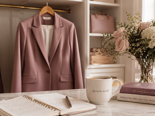 Mauve blazer in a luxury boutique closet illustrating the connection between confidence and clothing for The Confidence Closet by Sip. Style. Social.