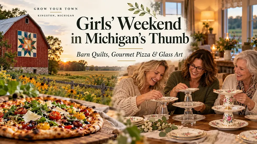 Hands assembling stacked glass art with vintage plates and glass bowls during a creative girls’ getaway in Kingston, Michigan.