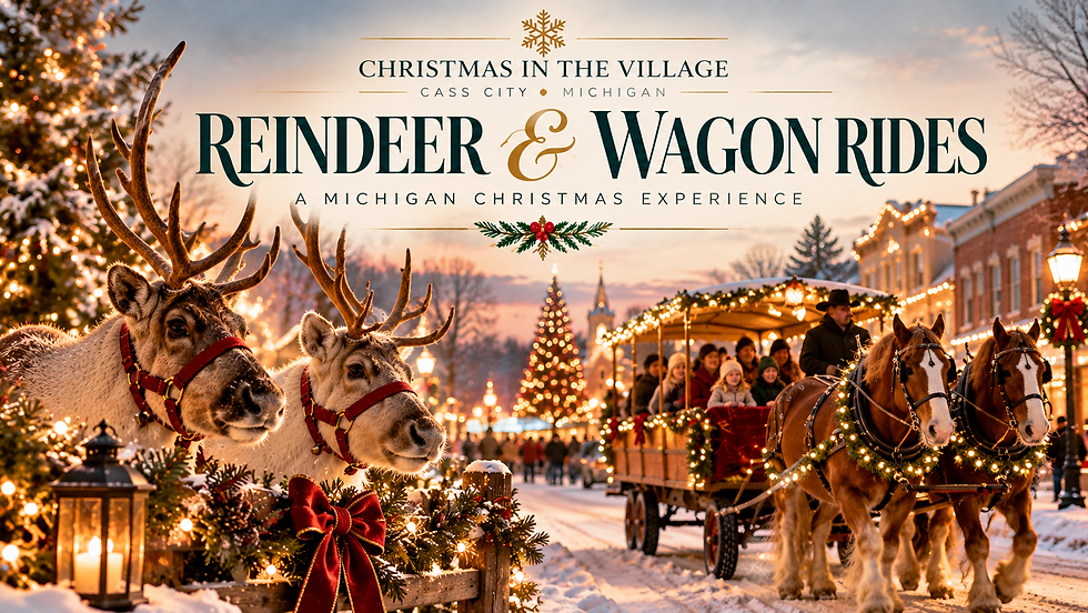 Live reindeer and horse-drawn wagon rides at Christmas in the Village in Cass City, Michigan