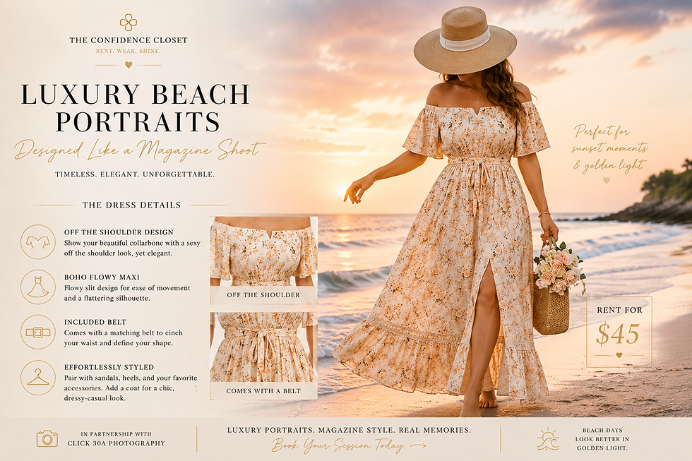 Discover luxury beach portraits in Santa Rosa Beach with flowing dresses, sunset sessions, and beautifully styled family photography experiences.