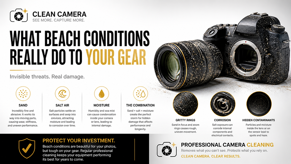 Beach shoots can damage your camera fast. See the warning signs like gritty lenses, sensor spots, and corrosion before it’s too late.