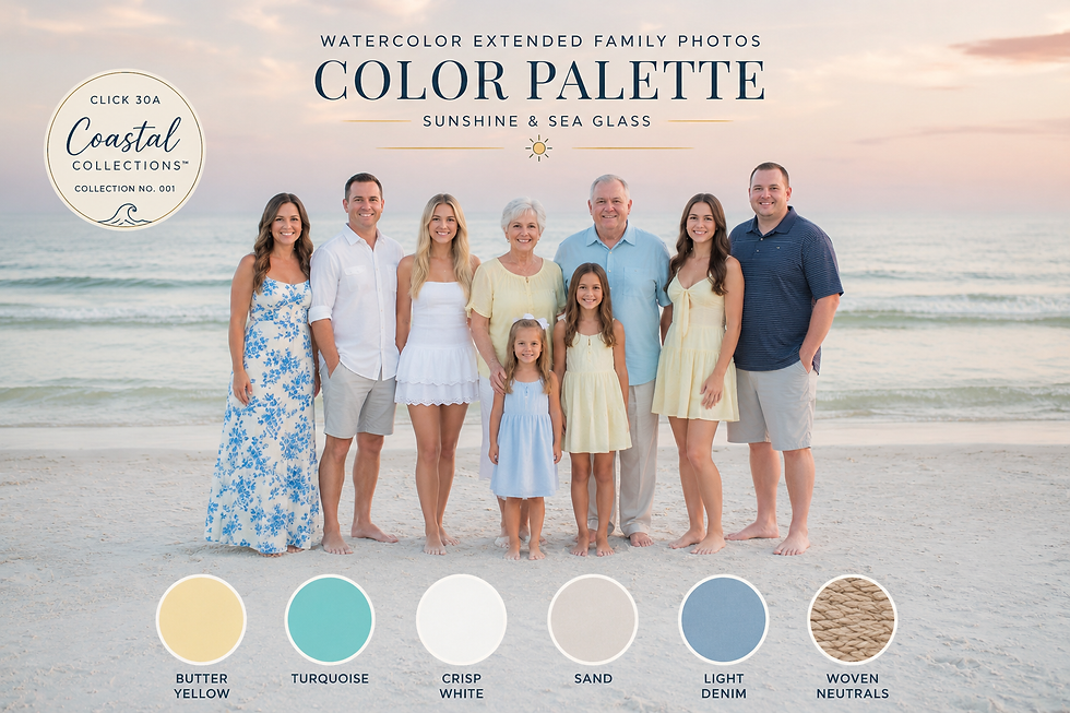 Beautiful sunset family portrait in WaterColor featuring three generations celebrating a beach vacation on Florida's Scenic Highway 30A.