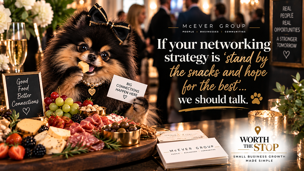 If your networking strategy is ‘stand by the snacks and hope for the best’… we should talk.”
Pom: Standing alone beside an absurdly elaborate charcuterie board, clutching one business card and pretending to be very busy eating cheese.