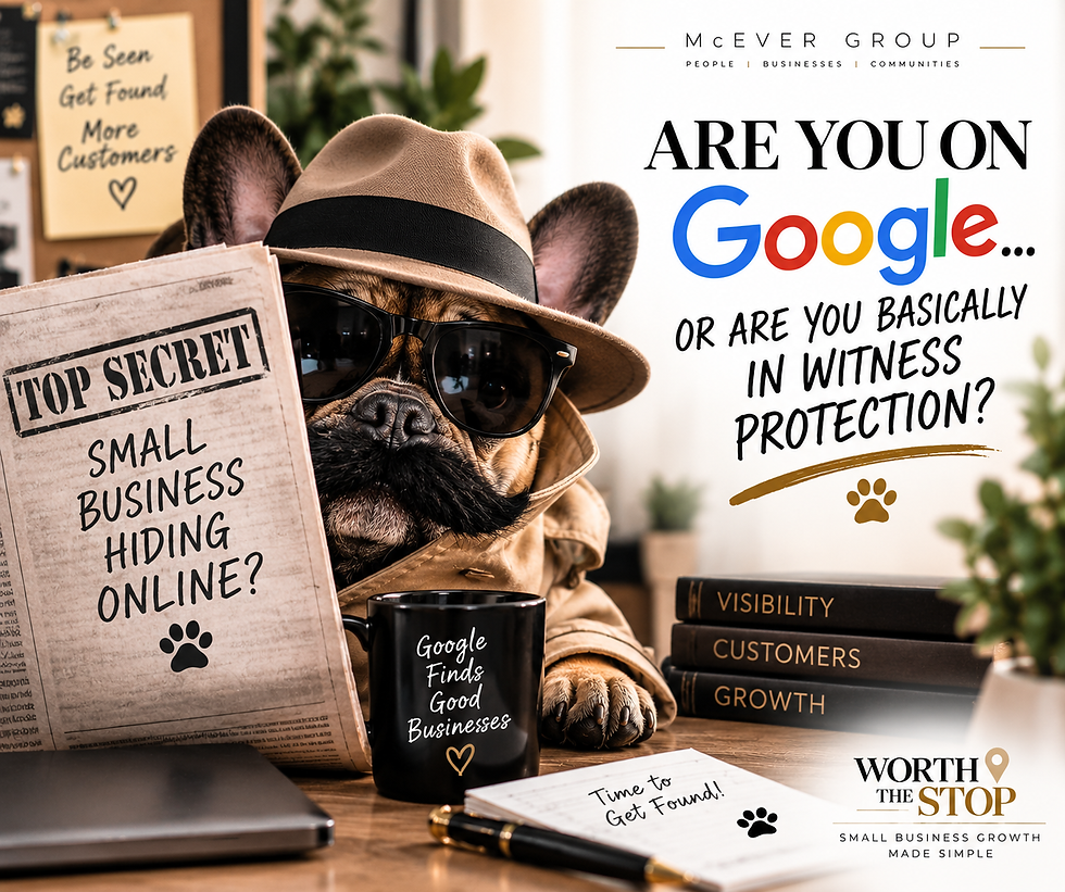 Tired French bulldog at a cluttered desk after watching multiple DIY business marketing tutorials.