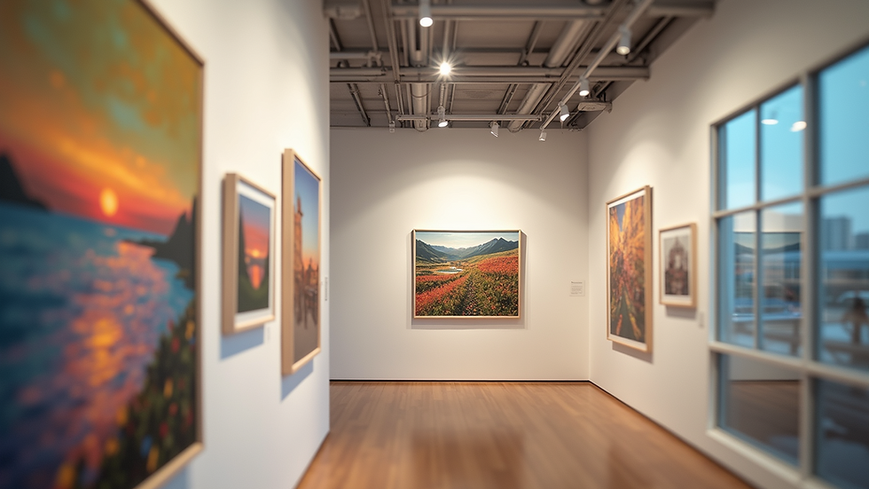 Eye-level view of a vibrant art gallery showcasing various print artworks