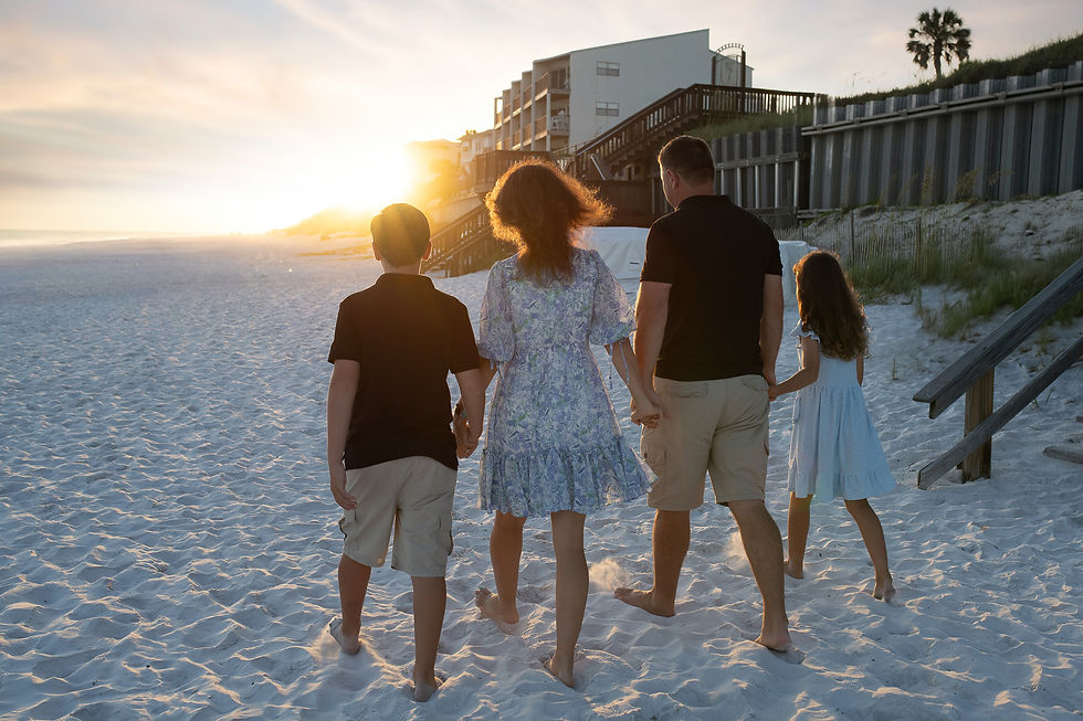 Sunset fam photos? 💛 Keep it comfy & coordinated! Dad & son in navy & khaki, Mom in a patterned blue dress, and sis in light blue. Perfect palette for dreamy 30A shots!