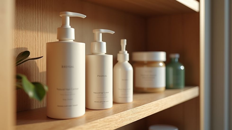 Eye-level view of natural hair care products arranged on a wooden shelf