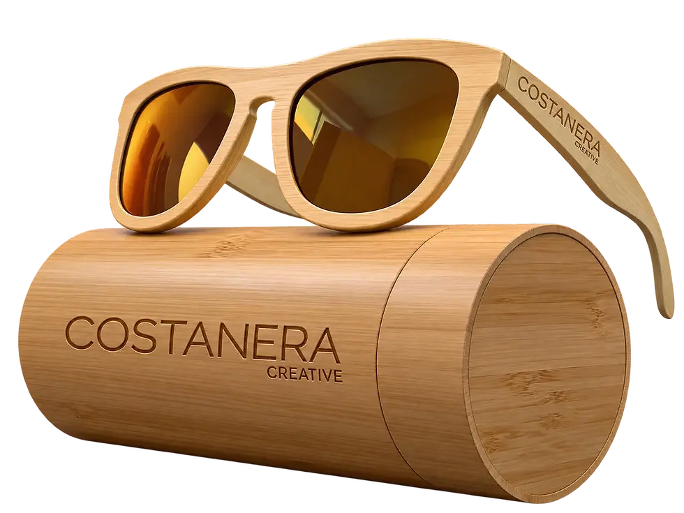 Costanera Creative wooden sunglasses on a bamboo case