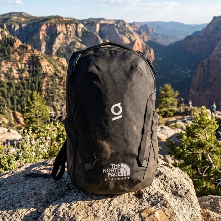 Black North Face backpack on a rock overlooking a canyon.