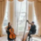 Harpist and cellist perform by tall windows with golden drapes and soft daylight streaming in.