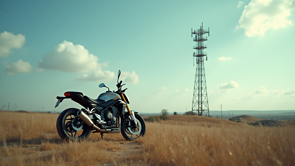 High angle view of a motorcycle parked near a radio antenna tower