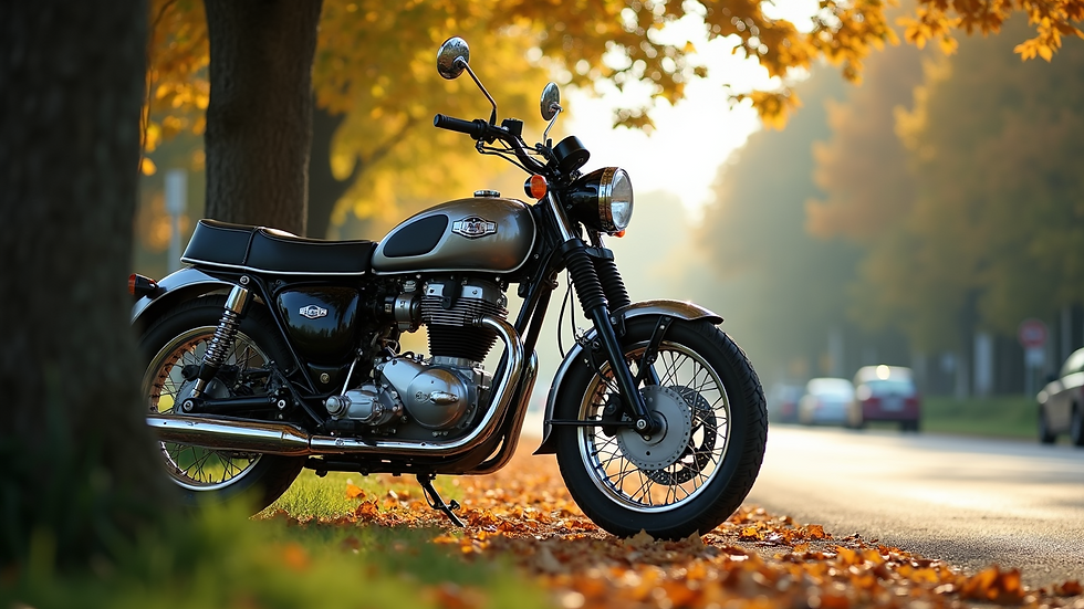 Eye-level view of a classic motorcycle parked under a tree