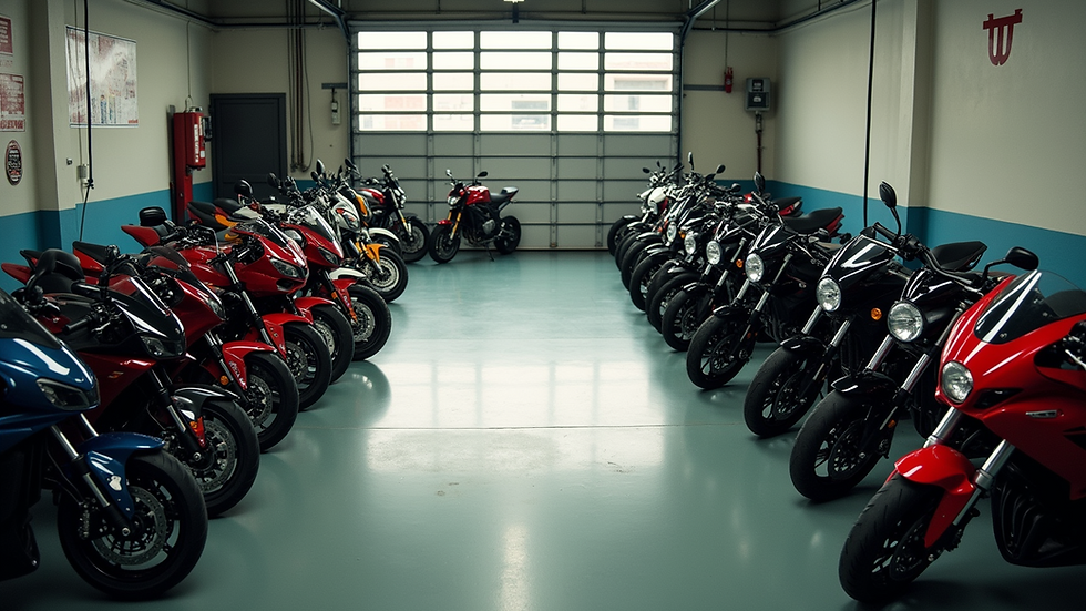High angle view of a biker-friendly garage with motorcycles