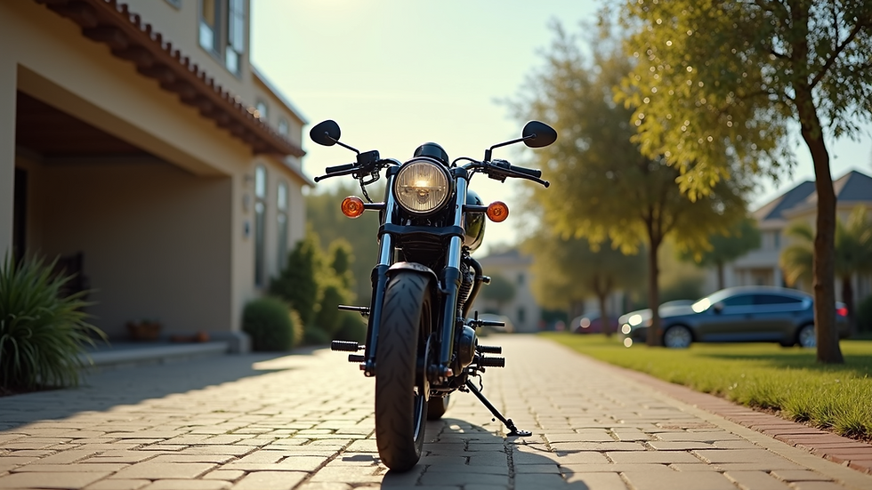 Eye-level view of a clean motorcycle parked on a driveway