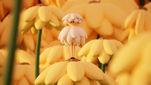A 3D modelled flower character surrounded by yellow flowers.