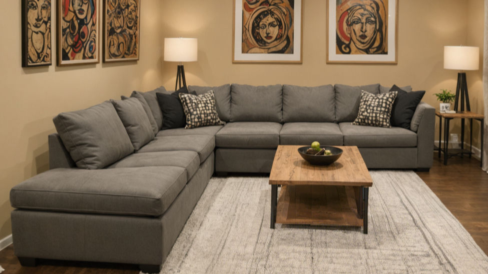 Large grey sectional sofa complemented by contemporary art pieces and warm lighting.