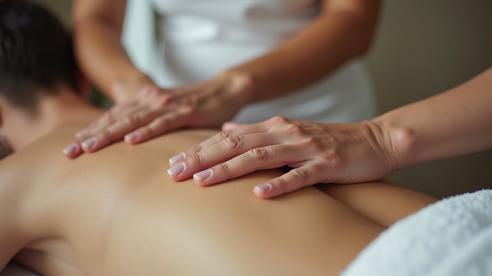 Close-up view of massage therapist’s hands applying gentle pressure on a client’s back