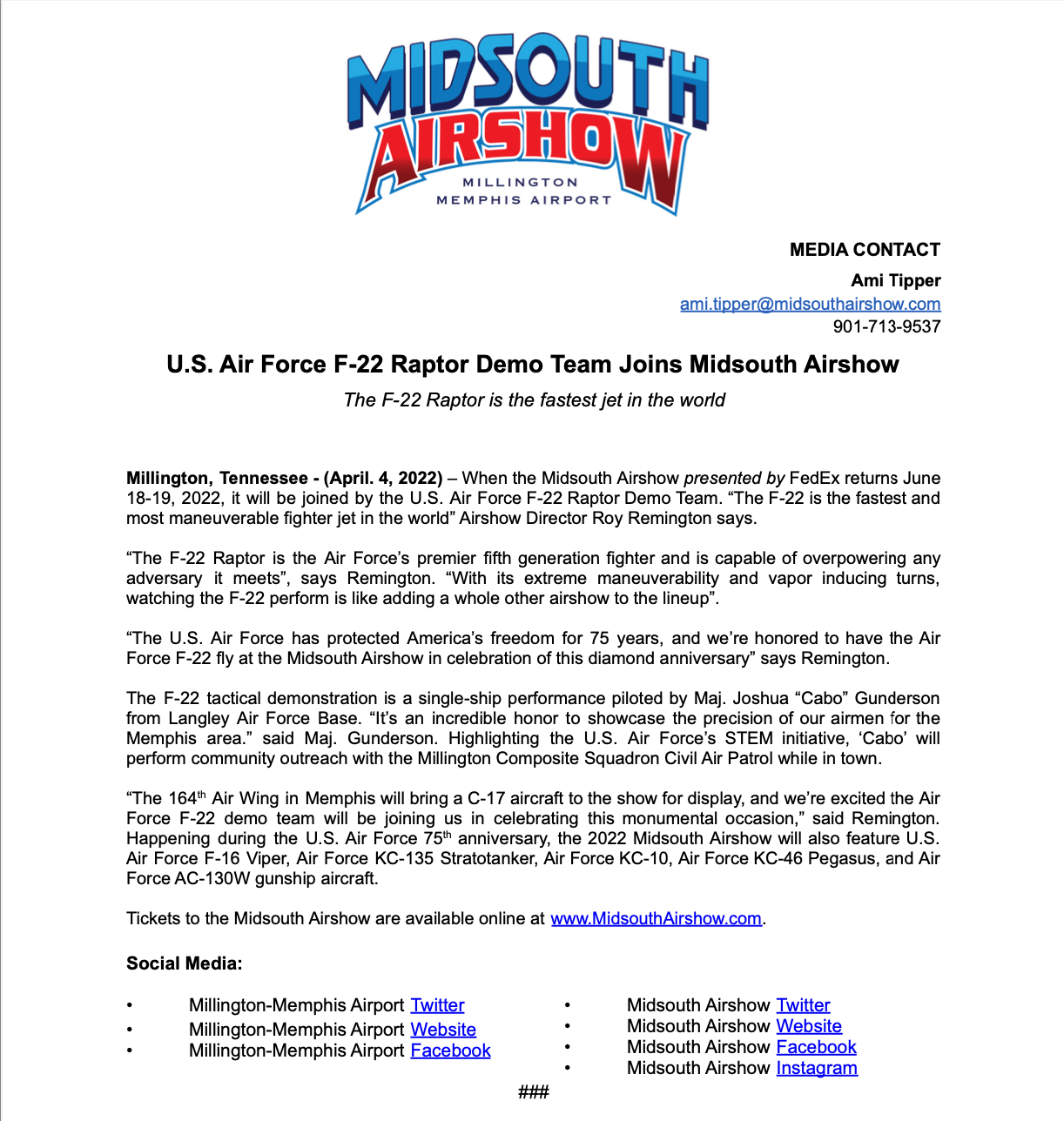 Midsouth Airshow Press Release Amirita Tipper Design Studios
