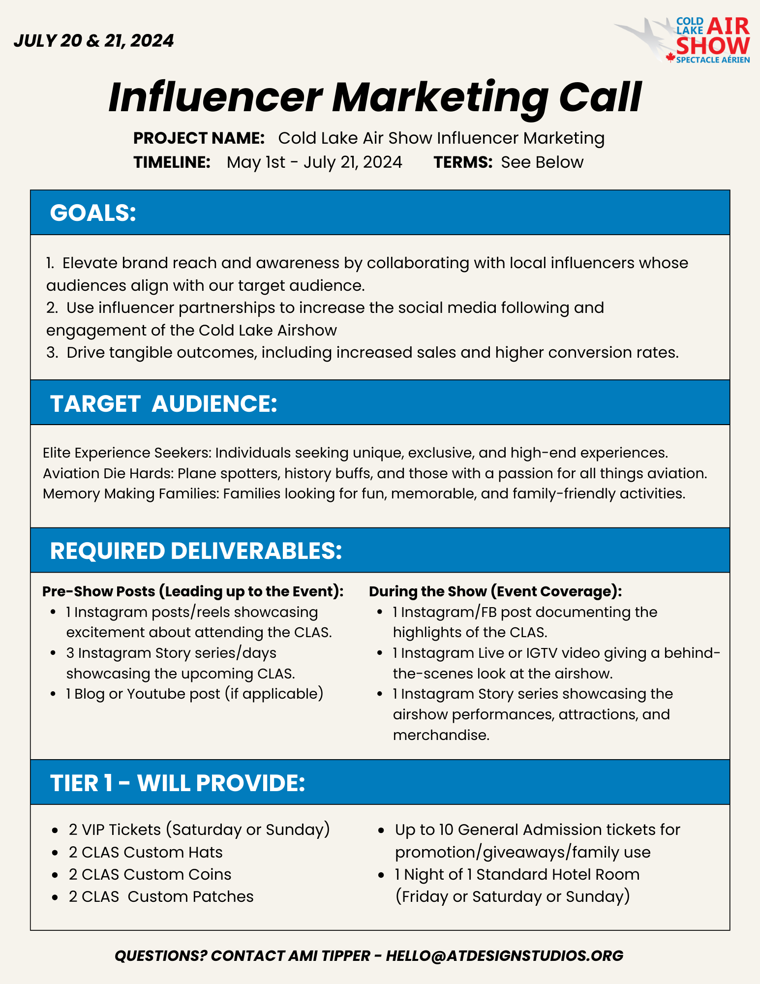 Influencer Marketing Call Sheet Cold Lake Airshow Amirita Tipper Design Studios